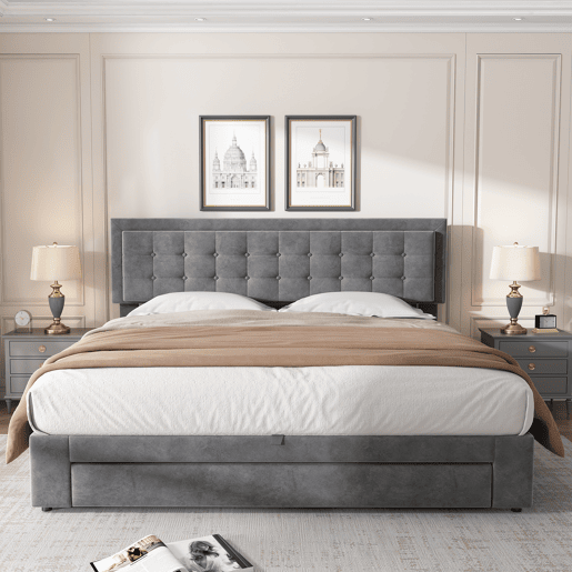 Cama contentora estofada em veludo 160x200cm - com gaveta e estrado de molas - Cinzento (sem colchão)