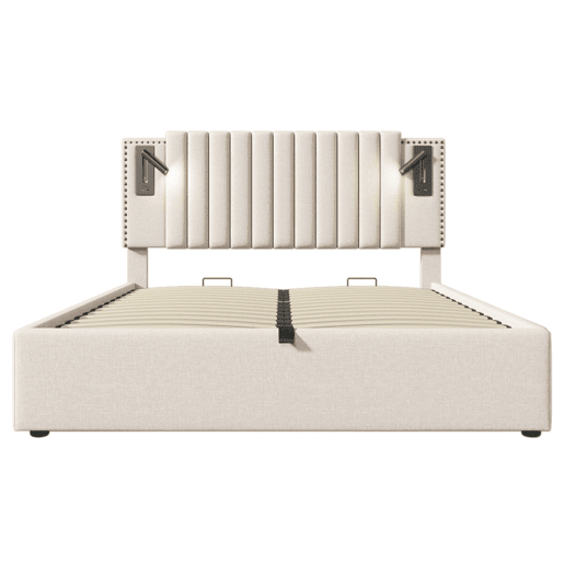 Cama contentora em tecido de algodão 160x200 cm - com luzes de leitura e portas de carregamento USB - com estrado de molas - Bege