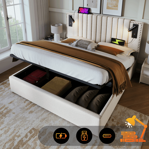 Cama contentora em tecido de algodão 160x200 cm - com luzes de leitura e portas de carregamento USB - com estrado de molas - Bege