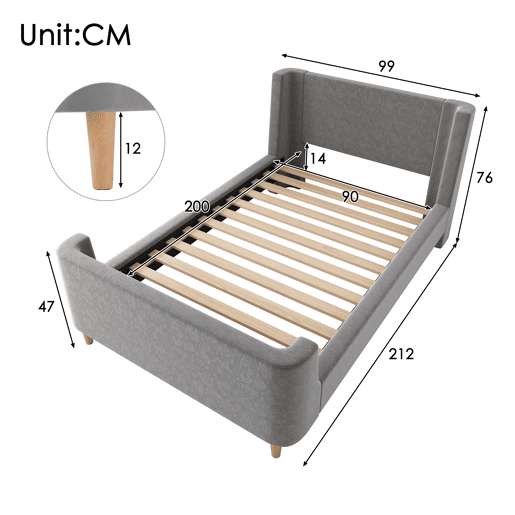 Cama de criança 90x200 cm estofada em veludo cinzento (colchão não incluído)