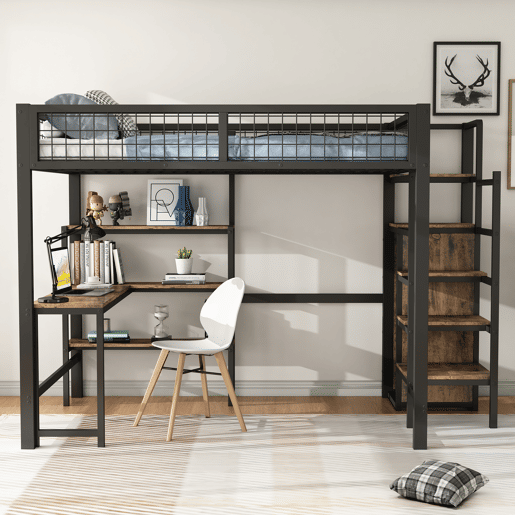 Cama alta 140x200 cm - estrutura em ferro - com secretária e prateleiras - Preto