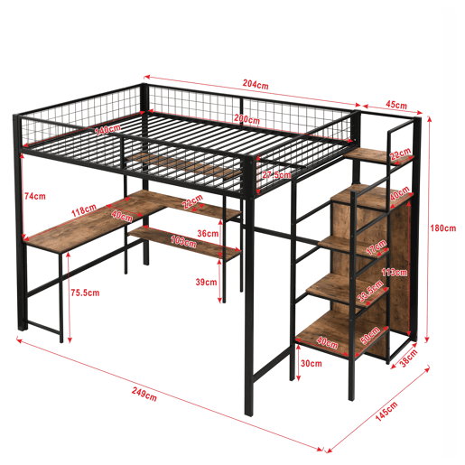 Cama alta 140x200 cm - estrutura em ferro - com secretária e prateleiras - Preto