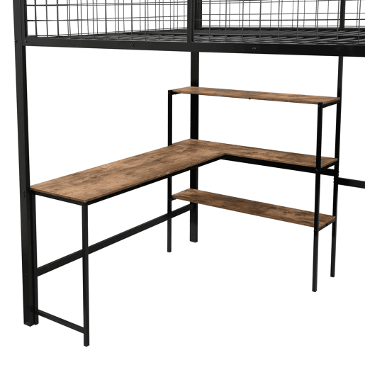 Cama alta 140x200 cm - estrutura em ferro - com secretária e prateleiras - Preto