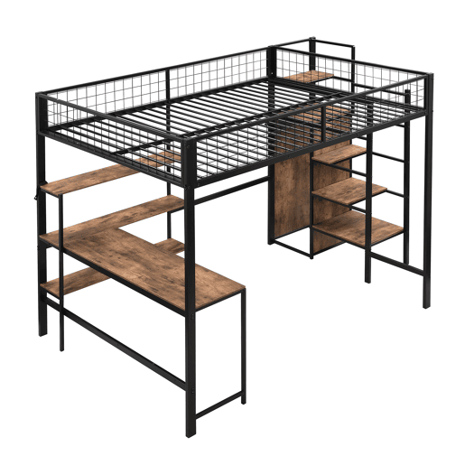 Cama alta 140x200 cm - estrutura em ferro - com secretária e prateleiras - Preto