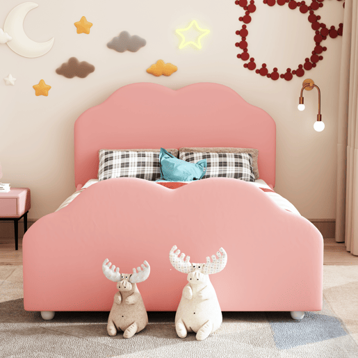 Cama de criança estofada em veludo - 90x200 cm - com cabeceira em forma de nuvem + estrado de molas - Rosa