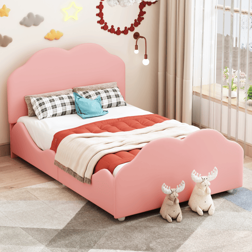 Cama de criança estofada em veludo - 90x200 cm - com cabeceira em forma de nuvem + estrado de molas - Rosa