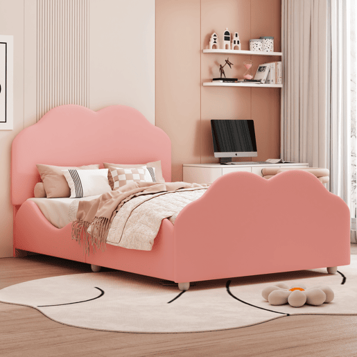 Cama de criança estofada em veludo - 90x200 cm - com cabeceira em forma de nuvem + estrado de molas - Rosa