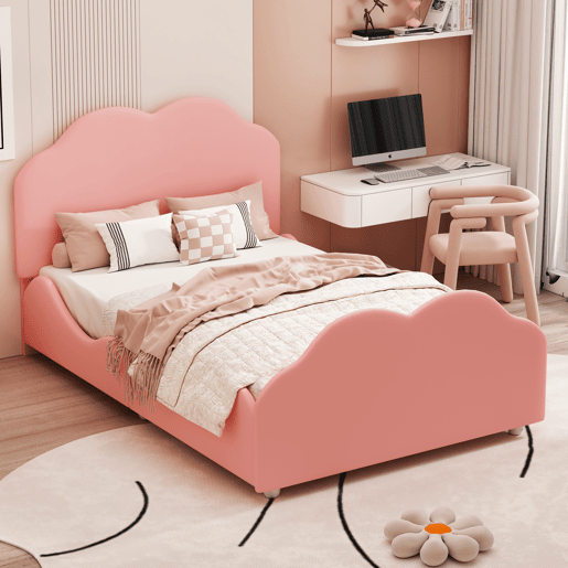 Cama de criança estofada em veludo - 90x200 cm - com cabeceira em forma de nuvem + estrado de molas - Rosa