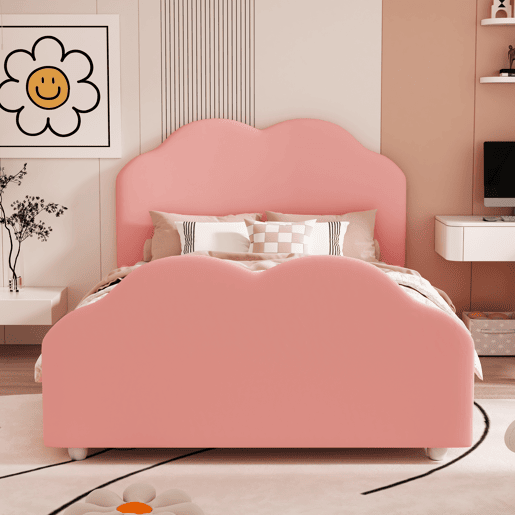 Cama de criança estofada em veludo - 90x200 cm - com cabeceira em forma de nuvem + estrado de molas - Rosa
