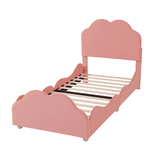 Cama de criança estofada em veludo - 90x200 cm - com cabeceira em forma de nuvem + estrado de molas - Rosa