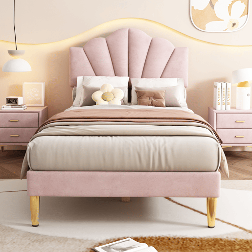 Cama de veludo para criança - 90x200cm - cabeceira em forma de concha - Rosa