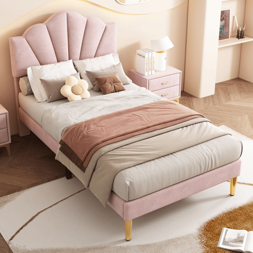 Cama de veludo para criança - 90x200cm - cabeceira em forma de concha - Rosa