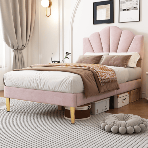 Cama de veludo para criança - 90x200cm - cabeceira em forma de concha - Rosa