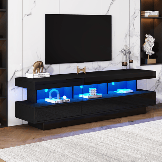Armário TV com LED 160 cm - 3 compartimentos de vidro - Controlado por APP - Adequado para TV de 70u201D - Preto Armário TV com LED 160 cm - 3 compartimentos de vidro - Controlado por APP - Adequado para TV de 70u201D - Preto