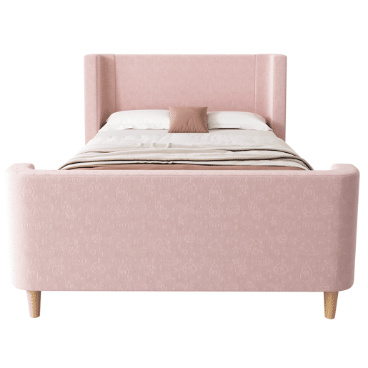 Cama de criança 90x200 cm com estofo em veludo cor-de-rosa (colchão não incluído)