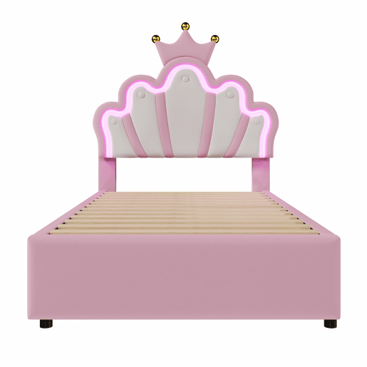 Cama de criança estofada 90x200 cm - com LED e 2 gavetas - Rosa