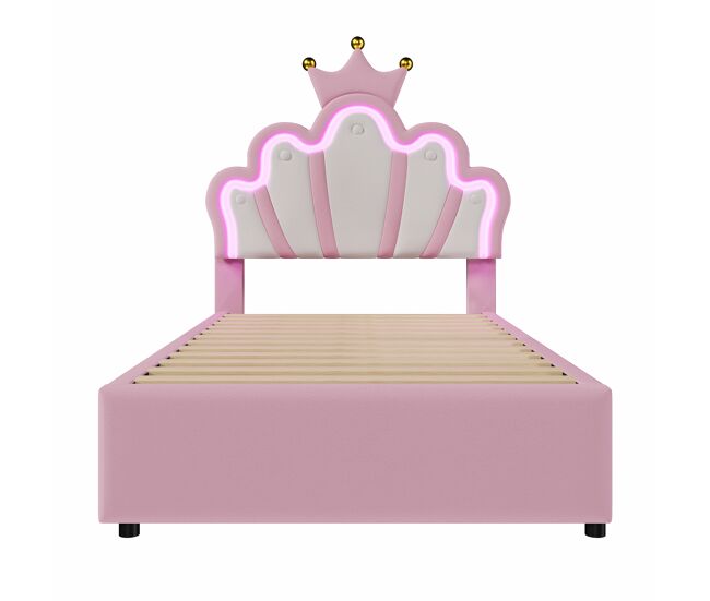 Cama infantil tapizada 90x200 cm - con led y 2 cajones - rosa