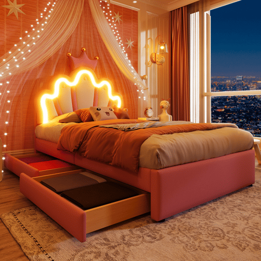 Cama de criança estofada 90x200 cm - com LED e 2 gavetas - Rosa