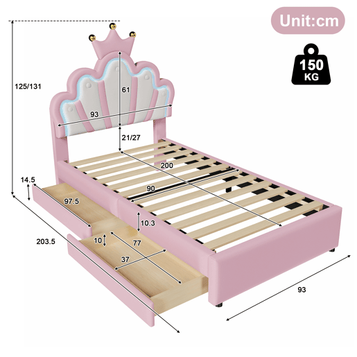 Cama de criança estofada 90x200 cm - com LED e 2 gavetas - Rosa