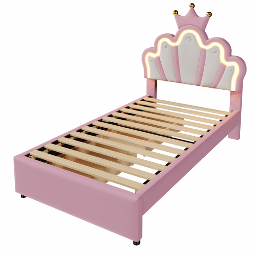 Cama de criança estofada 90x200 cm - com LED e 2 gavetas - Rosa
