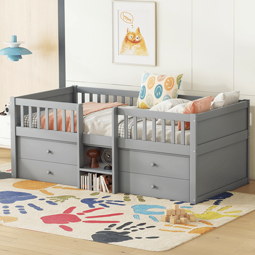 Cama de criança 90x200cm madeira maciça - com 4 gavetas - Cinzento (colchão não incluído)