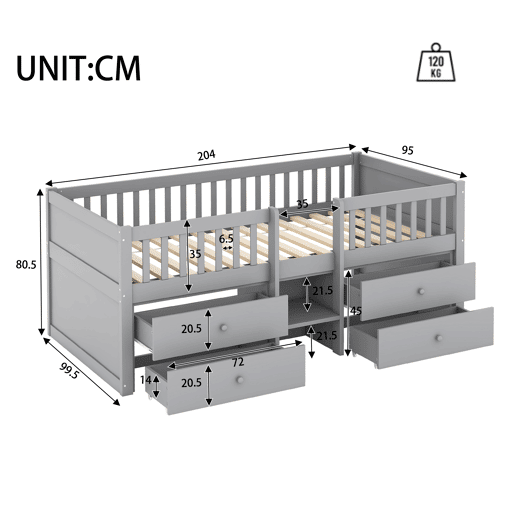 Cama de criança 90x200cm madeira maciça - com 4 gavetas - Cinzento (colchão não incluído)