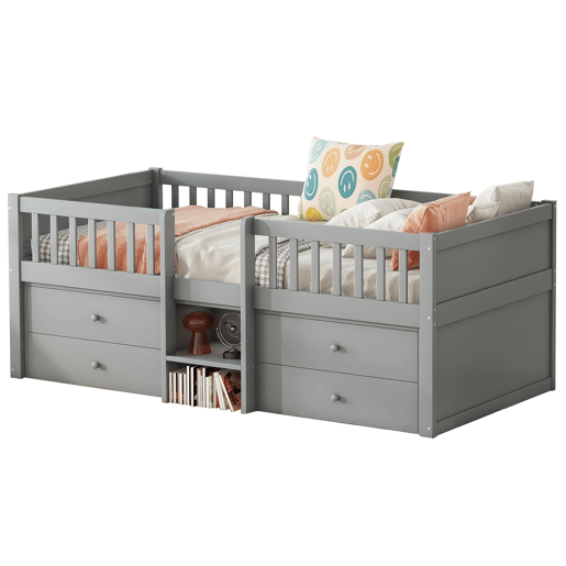 Cama de criança 90x200cm madeira maciça - com 4 gavetas - Cinzento (colchão não incluído)