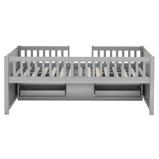 Cama de criança 90x200cm madeira maciça - com 4 gavetas - Cinzento (colchão não incluído)