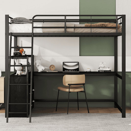 Cama alta 140x200cm - secretária de canto com gavetas - em MDF e metal - Preto