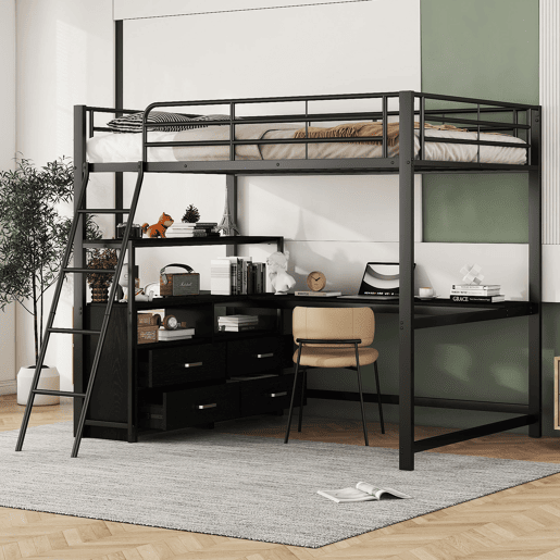 Cama alta 140x200cm - secretária de canto com gavetas - em MDF e metal - Preto