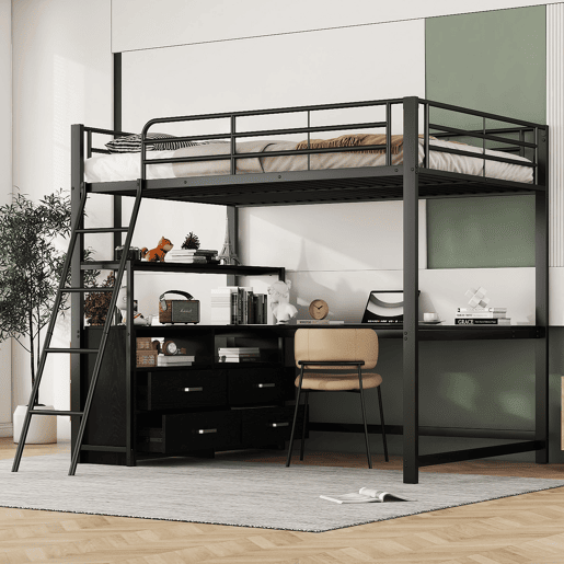 Cama alta 140x200cm - secretária de canto com gavetas - em MDF e metal - Preto