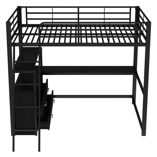 Cama alta 140x200cm - secretária de canto com gavetas - em MDF e metal - Preto
