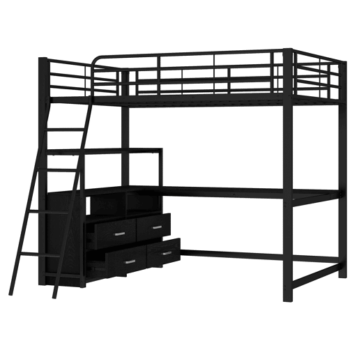 Cama alta 140x200cm - secretária de canto com gavetas - em MDF e metal - Preto