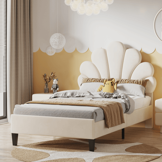 Cama individual estofada em veludo - 90x200cm - cabeceira em forma de flor - com estrado - Bege