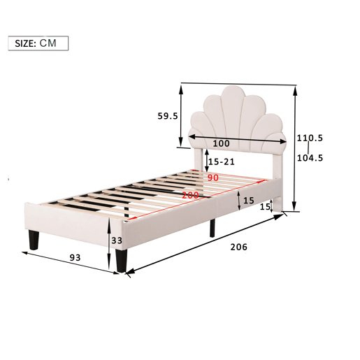 Cama individual estofada em veludo - 90x200cm - cabeceira em forma de flor - com estrado - Bege