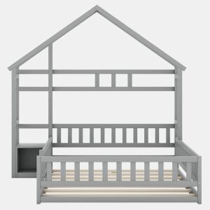 Cama de cabina para crianças 140x200 cm com mesa de cabeceira e grades de proteção - estrado - Cinzento