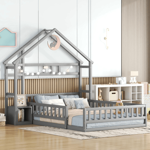 Cama de cabina para crianças 140x200 cm com mesa de cabeceira e grades de proteção - estrado - Cinzento