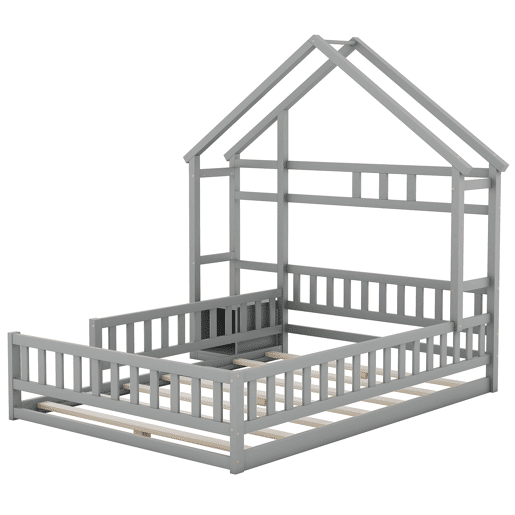 Cama de cabina para crianças 140x200 cm com mesa de cabeceira e grades de proteção - estrado - Cinzento