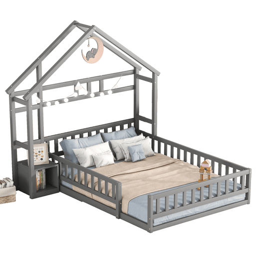 Cama de cabina para crianças 140x200 cm com mesa de cabeceira e grades de proteção - estrado - Cinzento