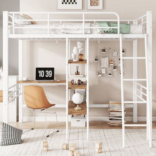 Cama mezzanine 90x200 cm - com secretária e prateleiras para arrumação - Branco