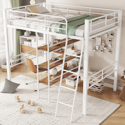 Cama mezzanine 90x200 cm - com secretária e prateleiras para arrumação - Branco