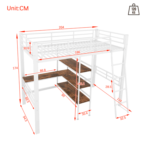 Cama mezzanine 90x200 cm - com secretária e prateleiras para arrumação - Branco