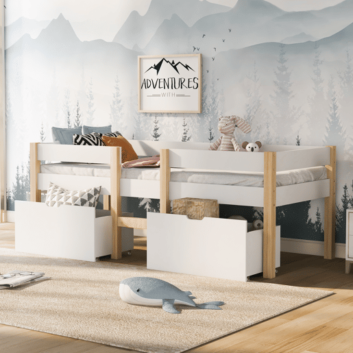 Cama mezzanine em pinho maciço com gavetas - 90x190 cm - Branco