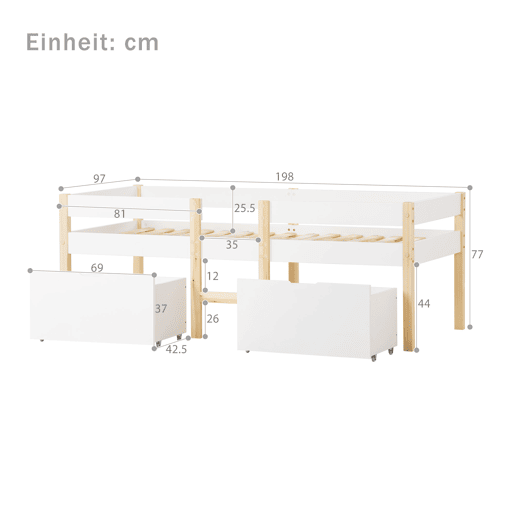 Cama mezzanine em pinho maciço com gavetas - 90x190 cm - Branco