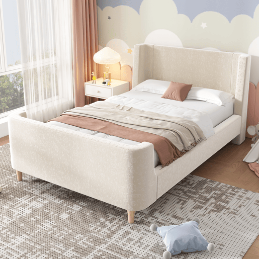Cama de criança 90x200 cm estofada em veludo bege (colchão não incluído)