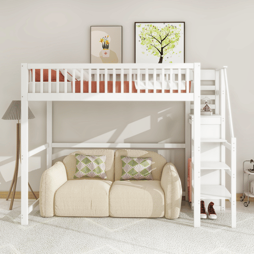 Cama mezzanine em madeira 90x200cm - com roupeiro - Branco Cama mezzanine em madeira 90x200cm - com roupeiro - Branco