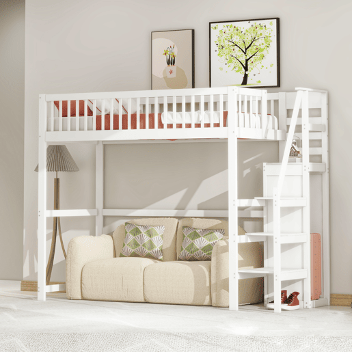 Cama mezzanine em madeira 90x200cm - com roupeiro - Branco Cama mezzanine em madeira 90x200cm - com roupeiro - Branco