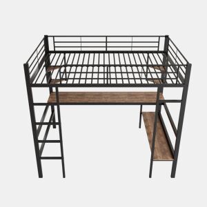 Cama mezzanine em ferro - 90x200cm - com secretária e 5 prateleiras - Preto