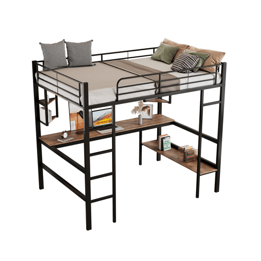 Cama mezzanine em ferro - 90x200cm - com secretária e 5 prateleiras - Preto