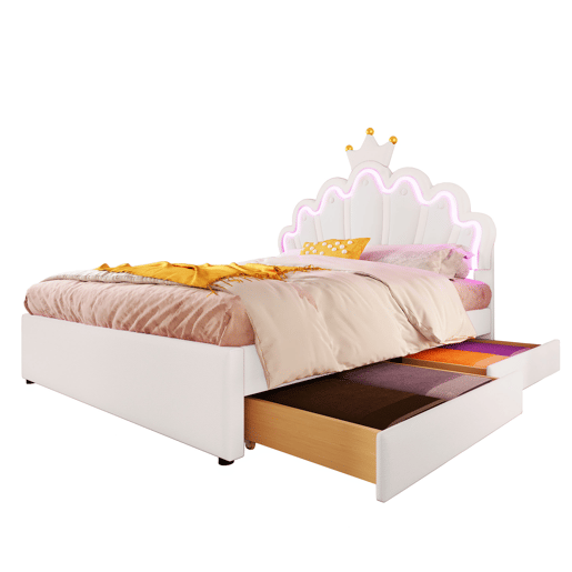 Cama estofada 140x200 cm - luz LED, 2 gavetas, cabeceira ajustável, coroa - branco